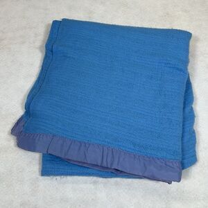 Vintage Satin Edge Blanket Bedspread Blue Waffle Weave Full Size 84 X 86 Soft